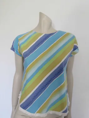 1960s Blue Striped Cotton Top With Fringe - Bust 89 cm