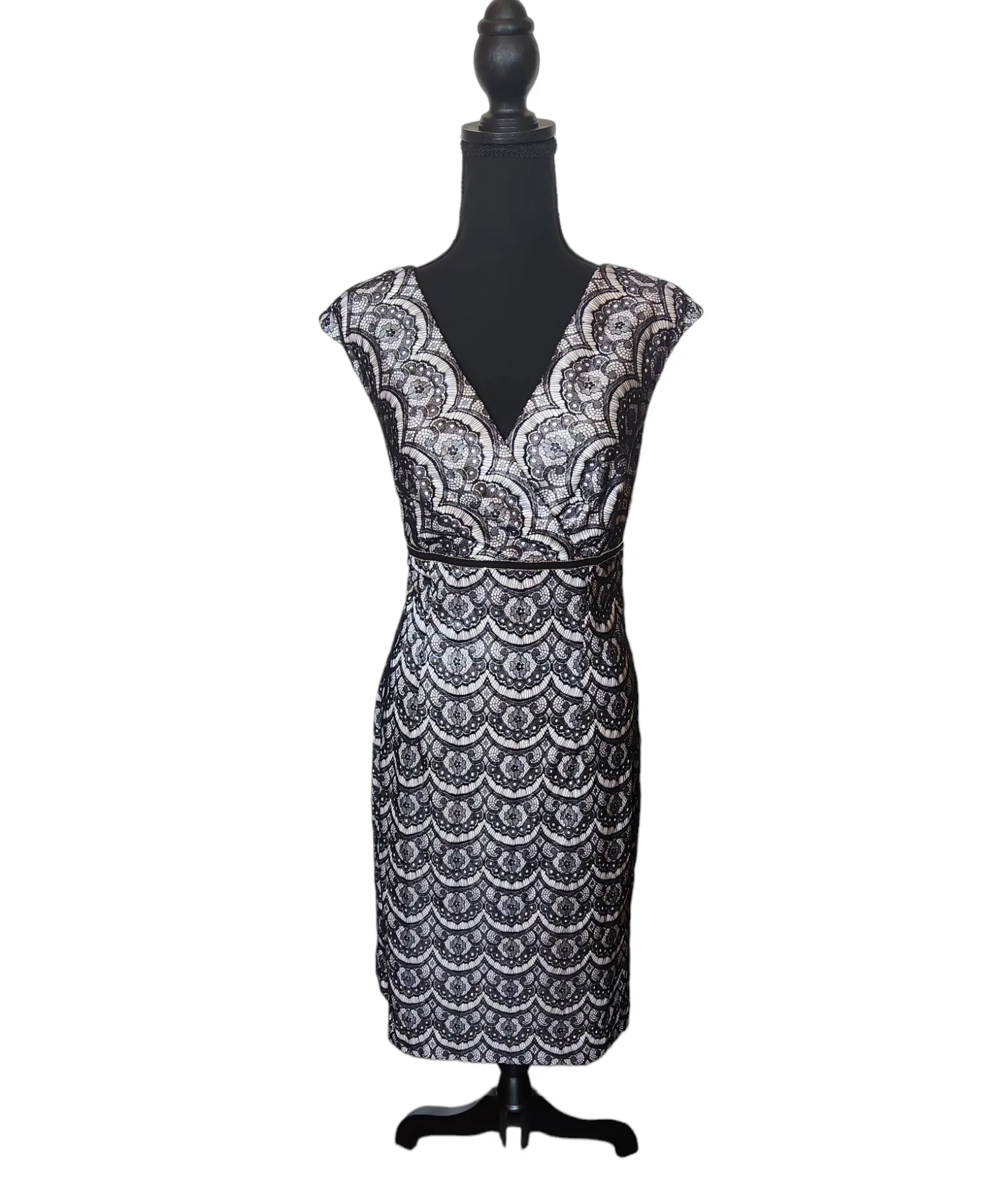 Adrianna Papell - Cream and Black Floral Lace Dress