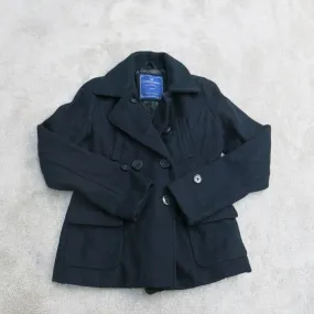 American Eagle Womens Peacoat Double Breasted Long Sleeve Pockets Black Medium
