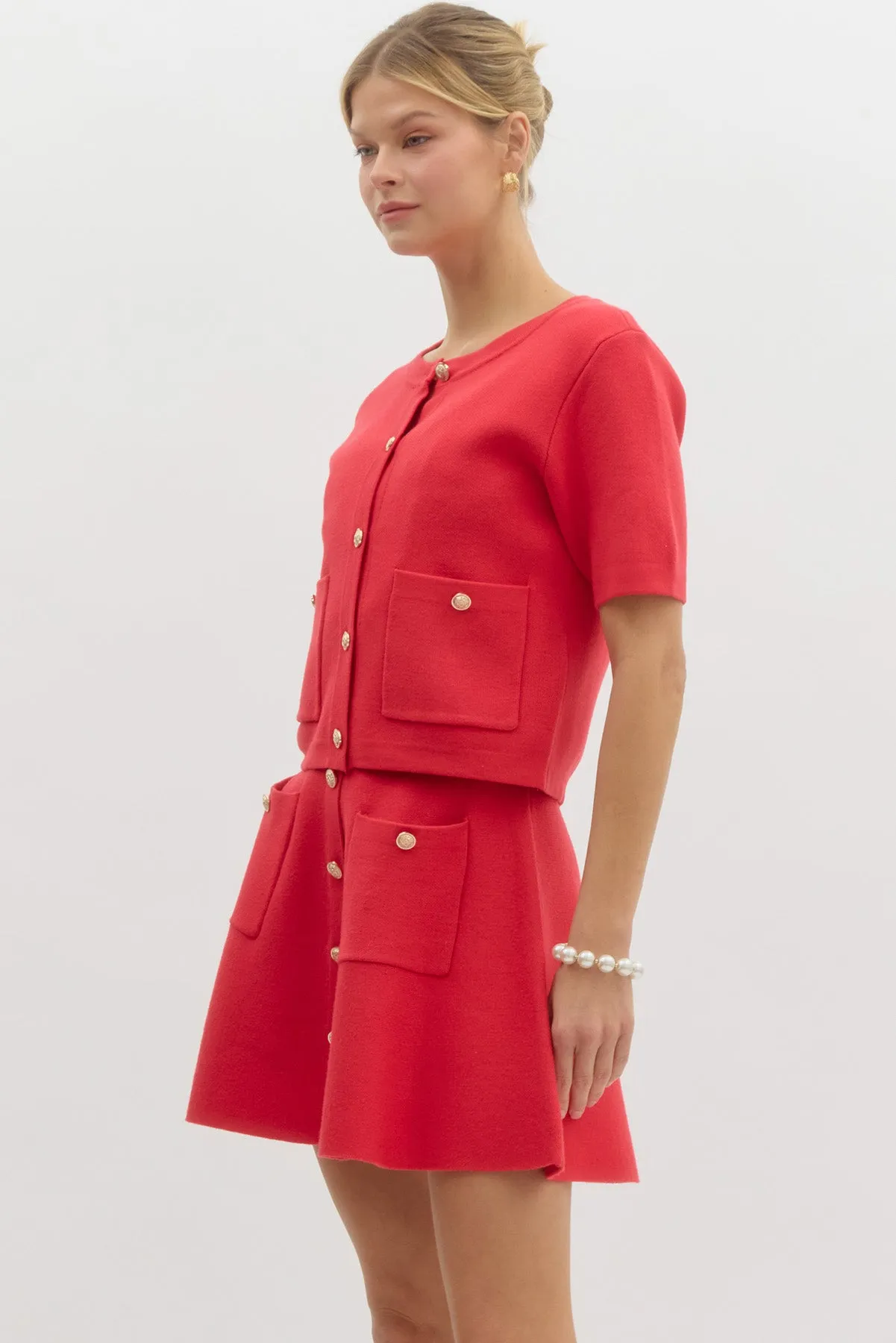 AMORA BUTTON FRONT SWEATER TOP IN RED