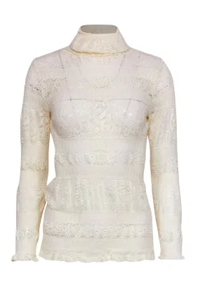 Anthropologie - Ivory Lace & Pointelle Long Sleeve Knit Turtleneck Top Sz XS