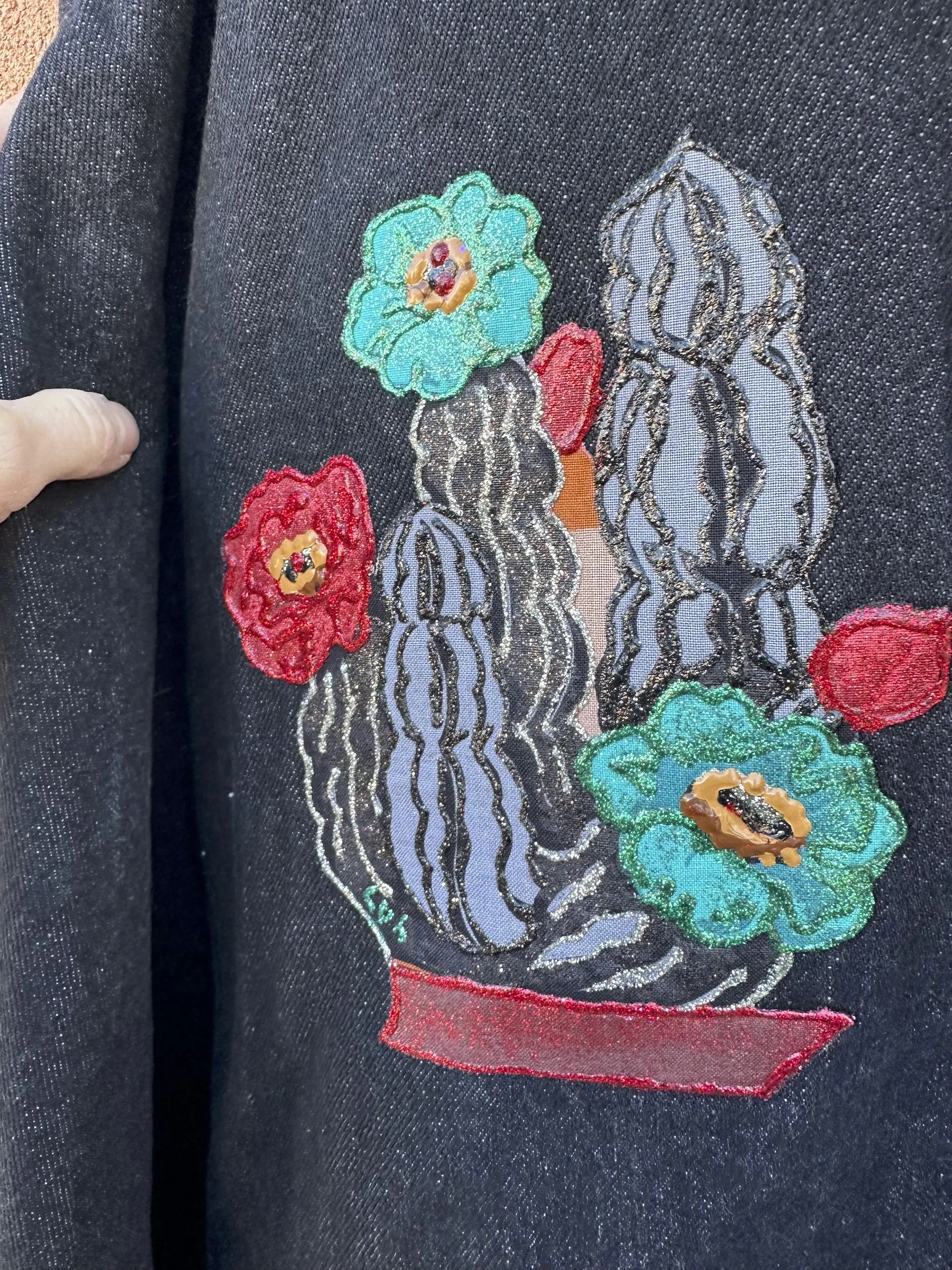 Applique & Glitter Paint Cacti Black Denim Jacket