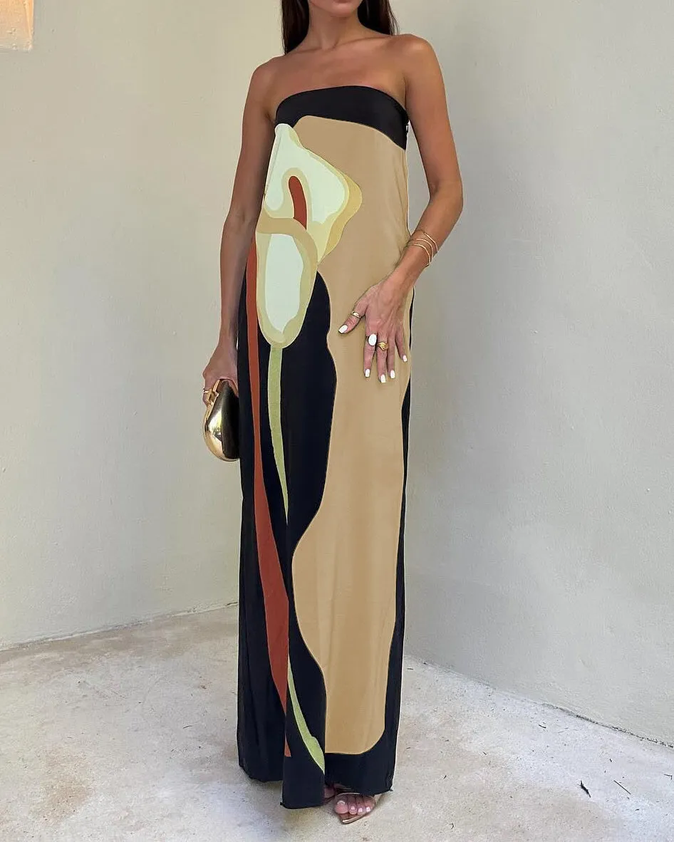 Backless Wrap Chest Printed Slim Sleeveless Long Dress