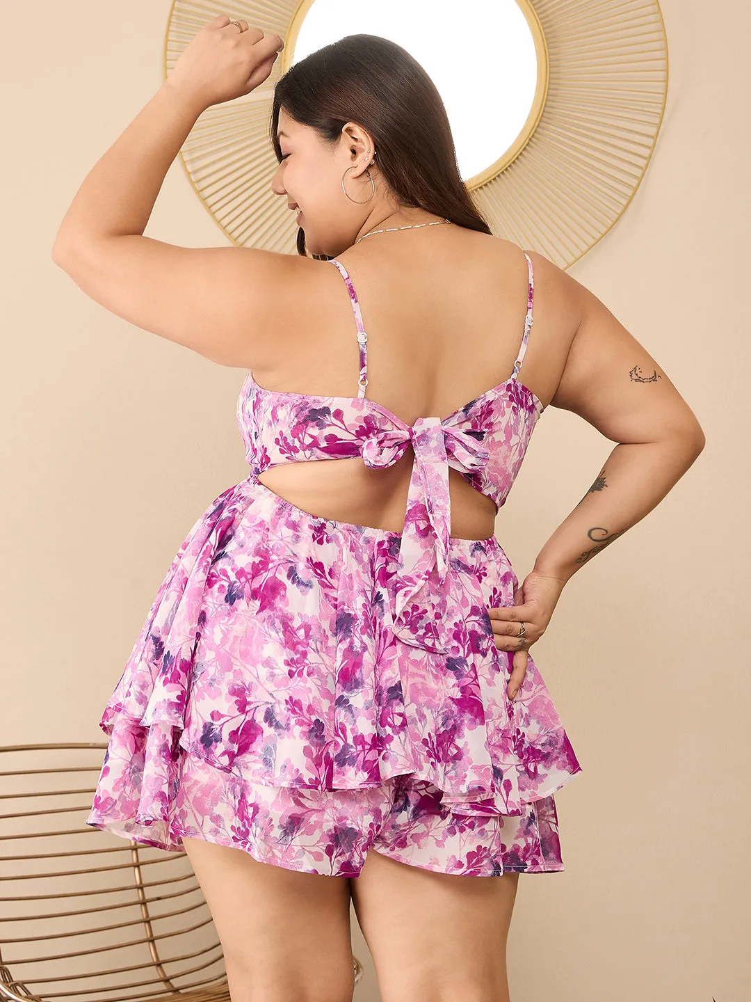 Berrylush Curve Women White & Lavender Floral Printed Square Neck Sleeveless Back Cutout Tie-Up Layered Mini Jumpsuit