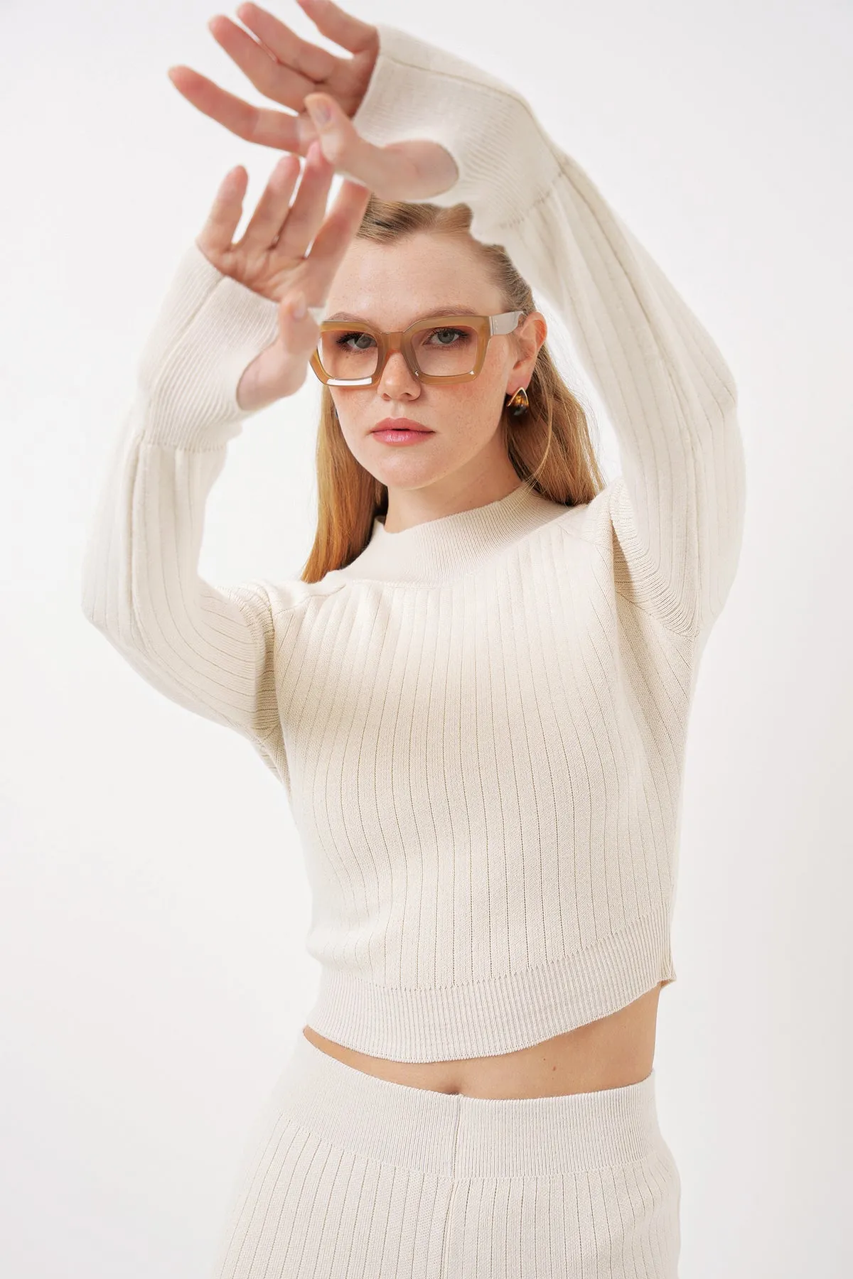 BGD Women Women's Crop Sweater Pants Knitwear Set - Beige - Brossard