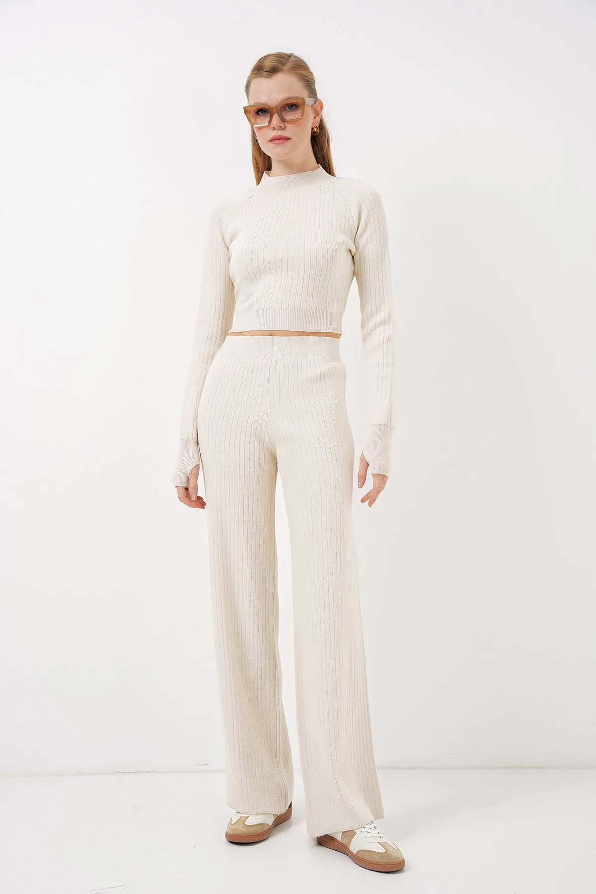 BGD Women Women's Crop Sweater Pants Knitwear Set - Beige - Brossard