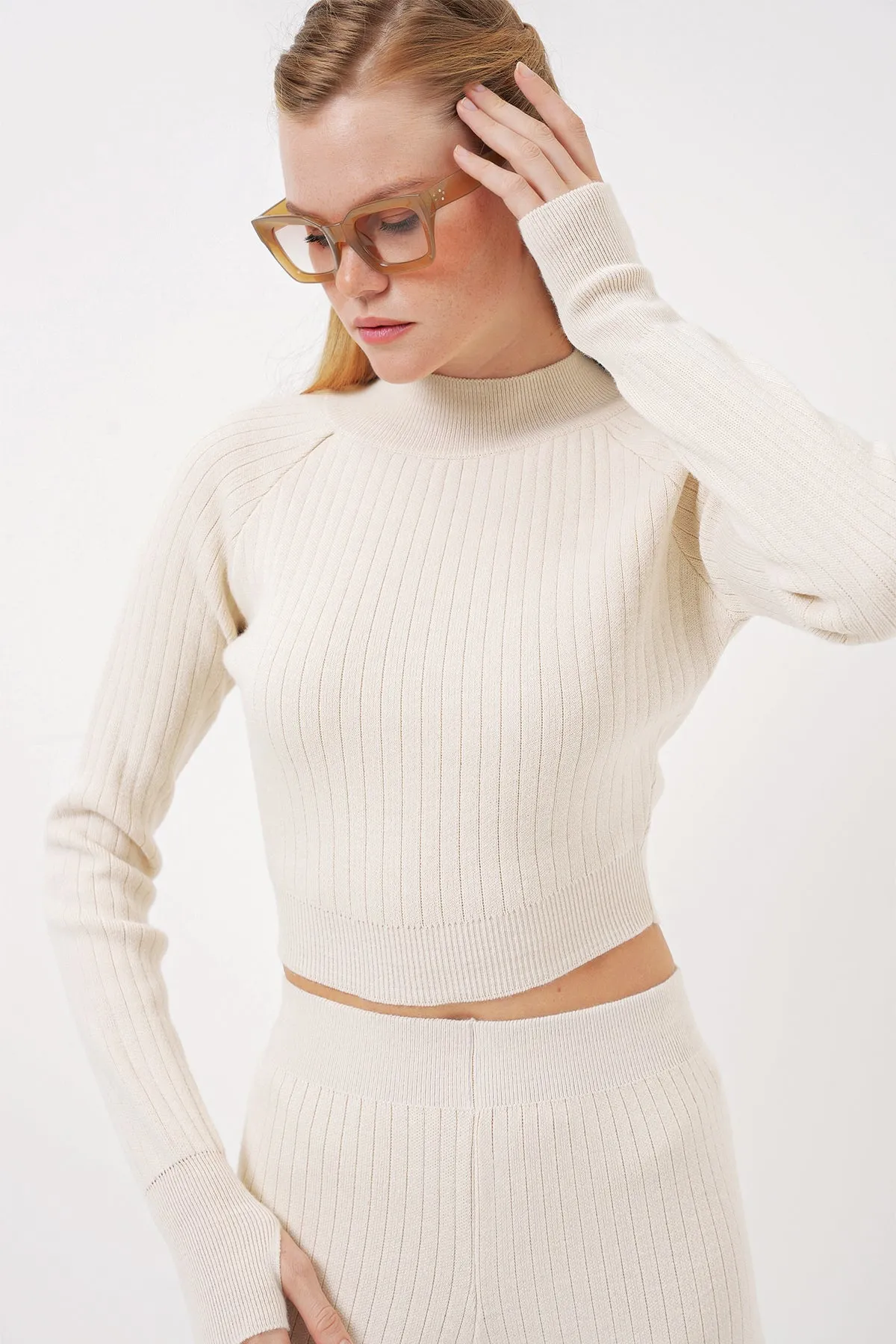 BGD Women Women's Crop Sweater Pants Knitwear Set - Beige - Brossard