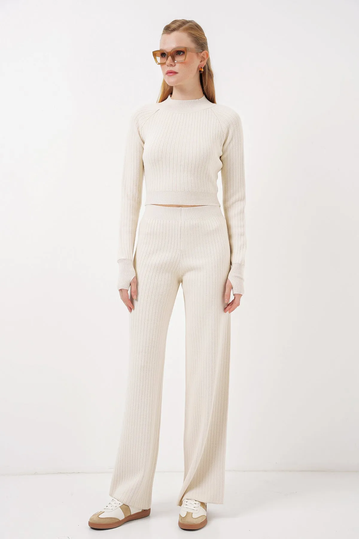 BGD Women Women's Crop Sweater Pants Knitwear Set - Beige - Brossard