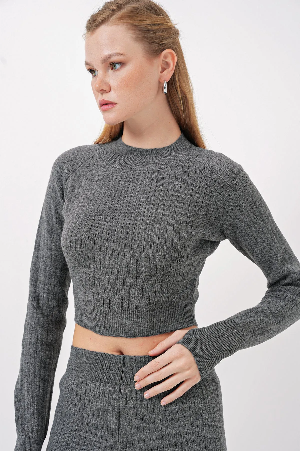 BGD Women Women's Crop Sweater Pants Knitwear Set - Smoke Gray - Pombal