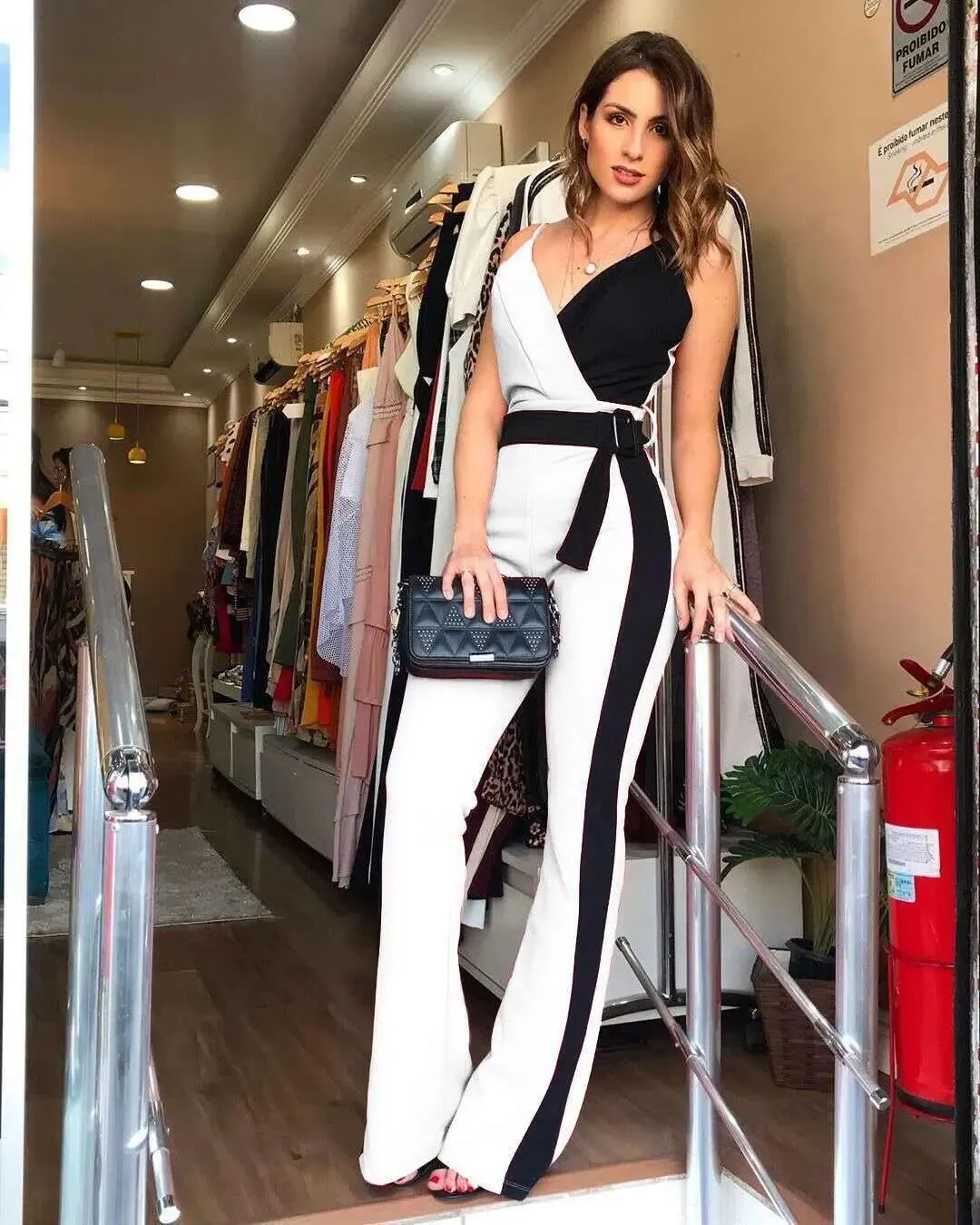 Black and White Jumpsuit Double Suspender Jumpsuit for Women