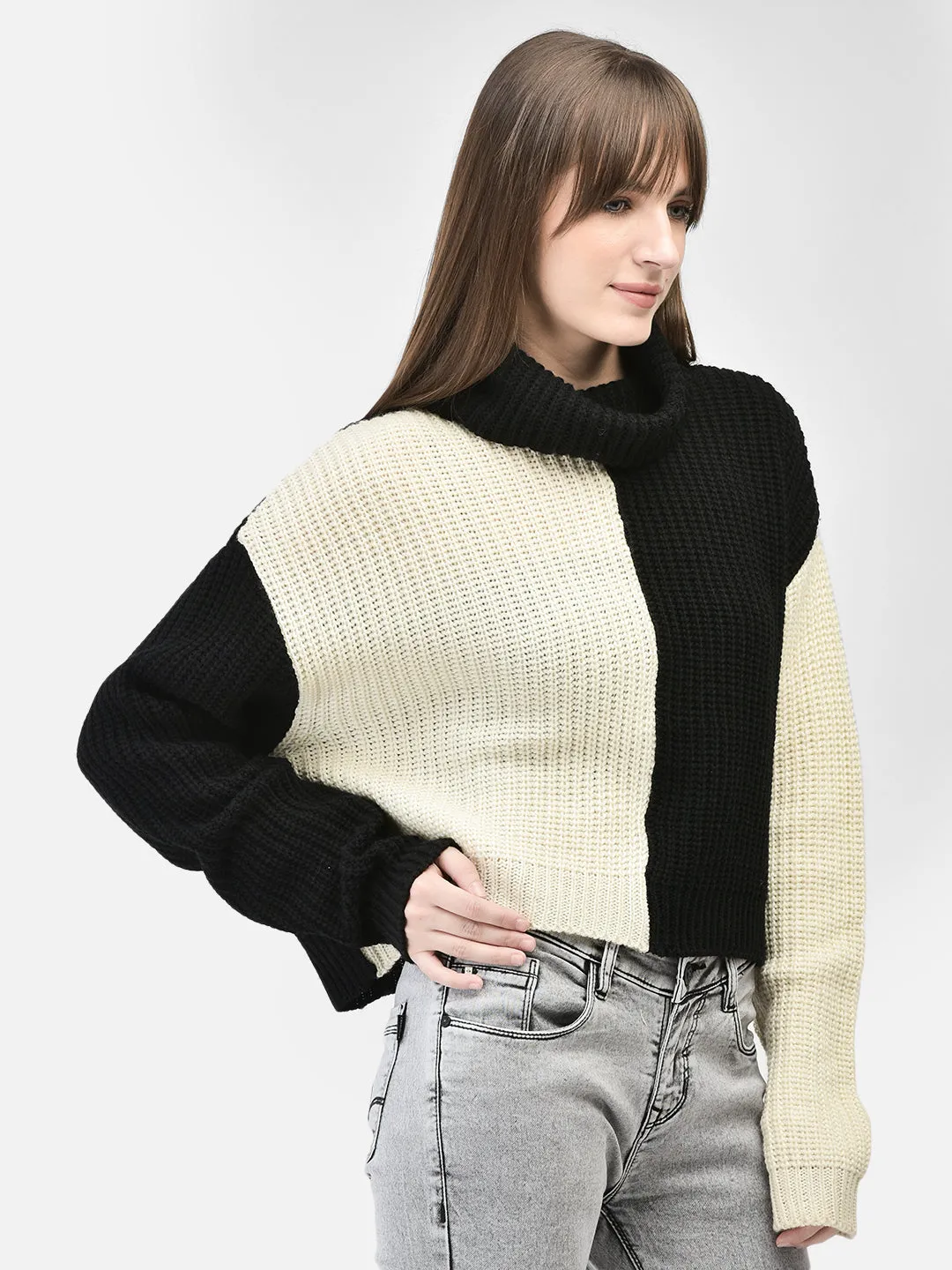 Black Colourblocked Crop Length Sweater