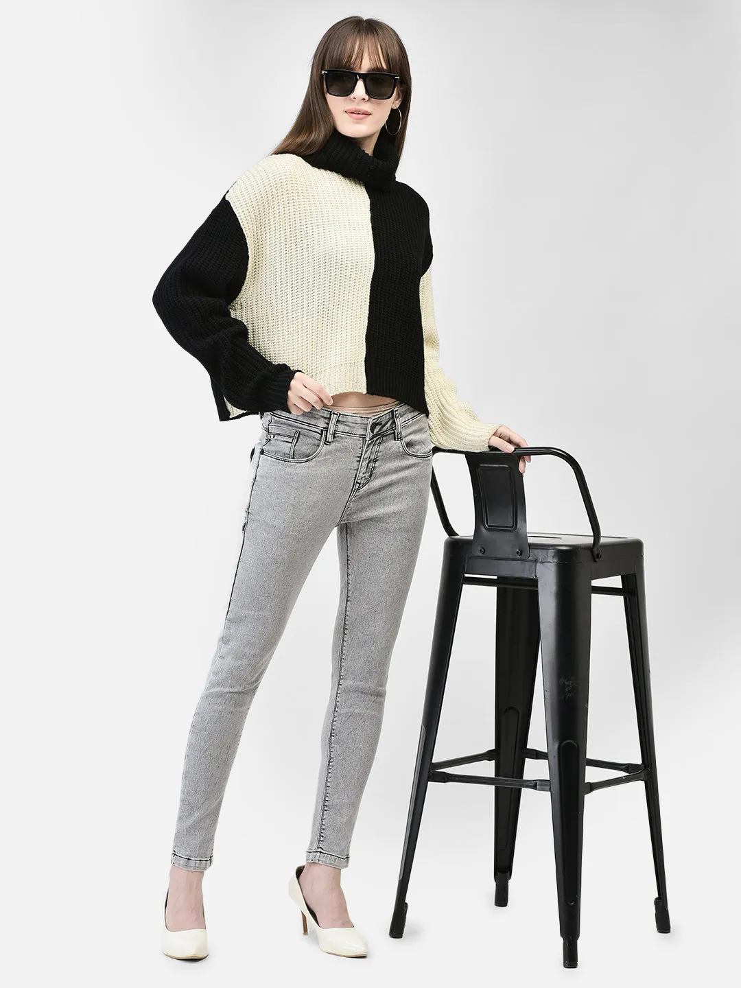 Black Colourblocked Crop Length Sweater