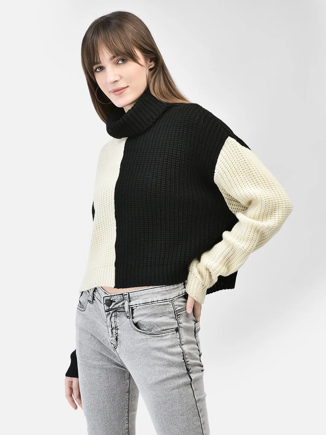 Black Colourblocked Crop Length Sweater