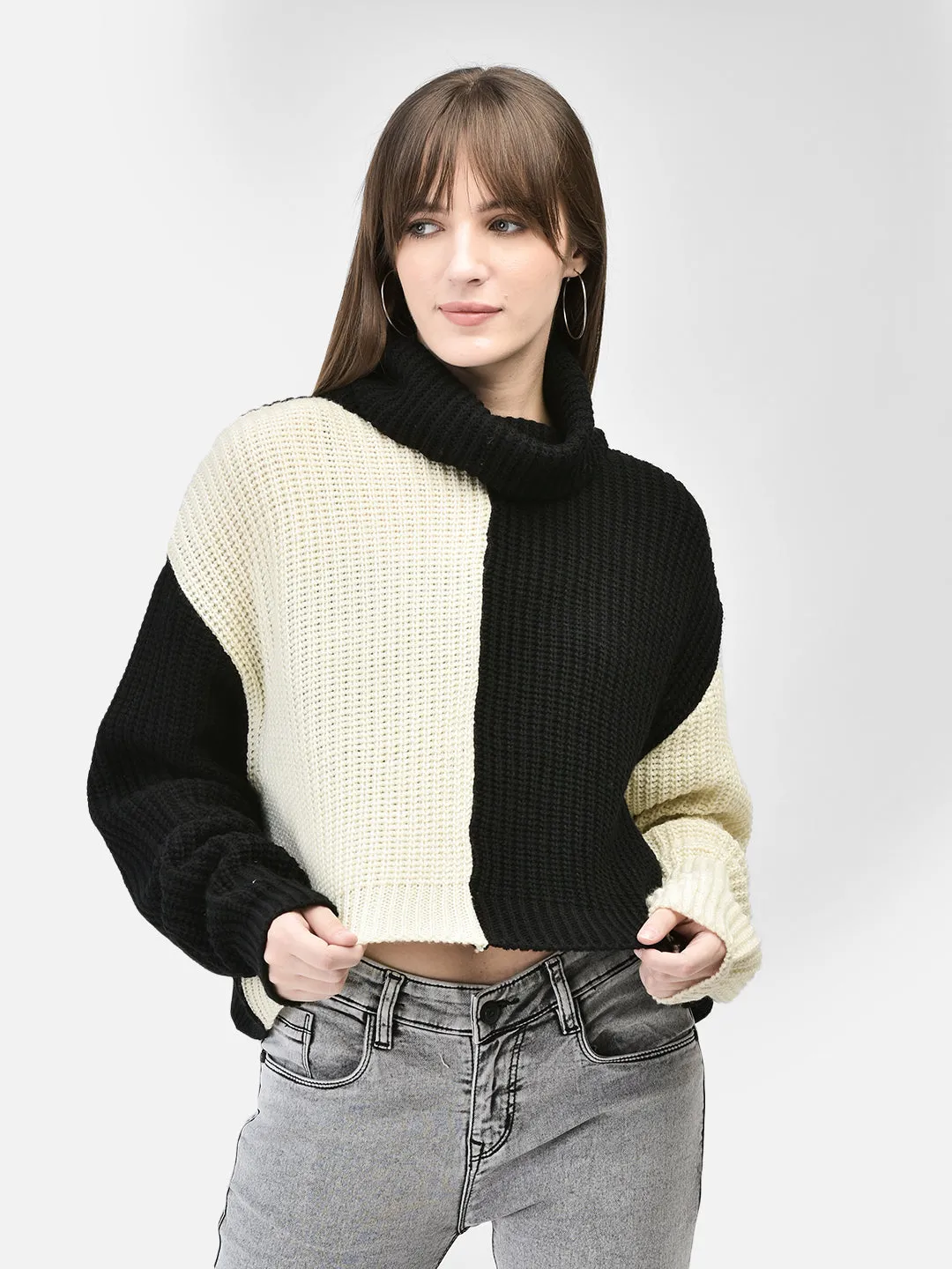 Black Colourblocked Crop Length Sweater