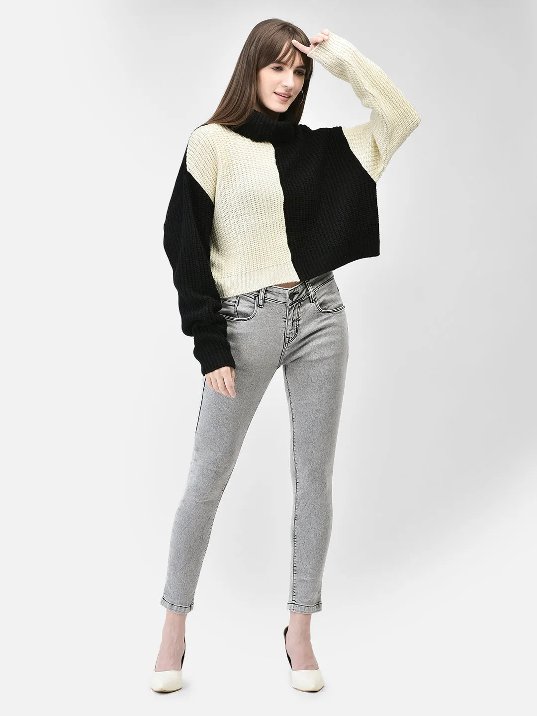 Black Colourblocked Crop Length Sweater