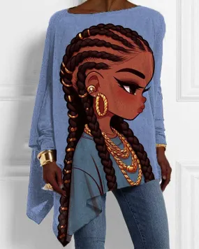 Black Girl Cartoon Dreadlocks Printed Irregular Ladies Top