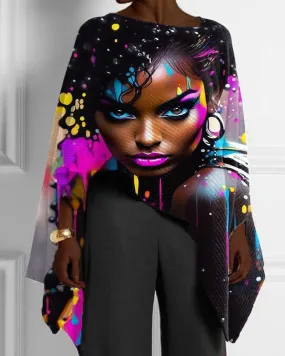 Black Girl Graffiti Color Patchwork Print Irregular Hem Ladies Top