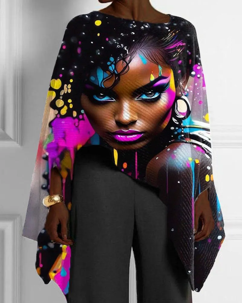 Black Girl Graffiti Color Patchwork Print Irregular Hem Ladies Top
