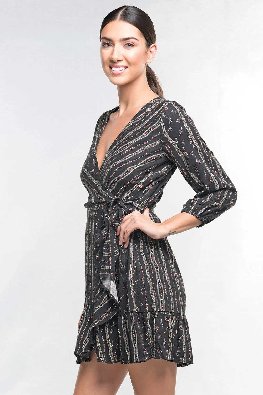 Black Ruffled Floral Mini Wrap Dress