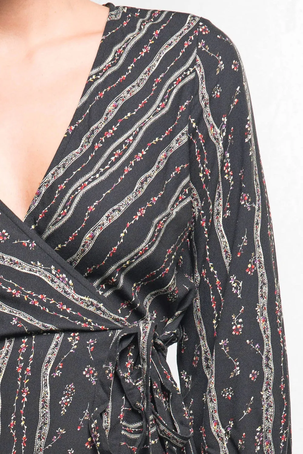 Black Ruffled Floral Mini Wrap Dress