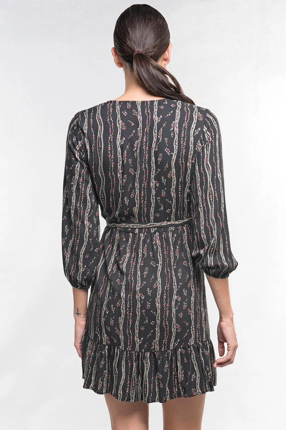 Black Ruffled Floral Mini Wrap Dress