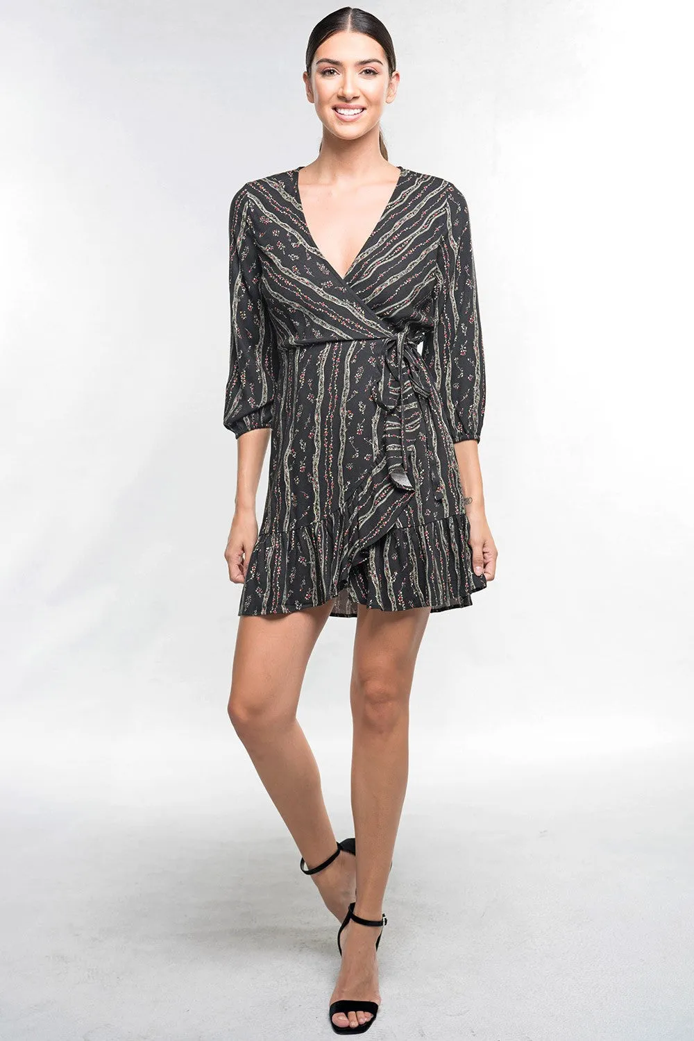 Black Ruffled Floral Mini Wrap Dress