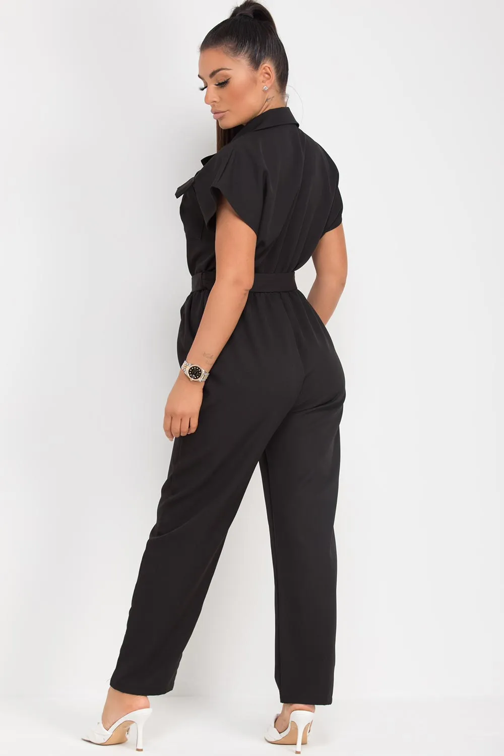 Black Short Sleeve Jumpsuit with Utility Belt