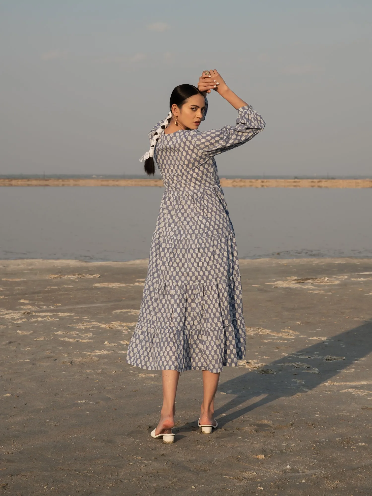 Blue Lotus Tier Wrap Dress - Blue Cotton Hand Block Printed Wrap Dress