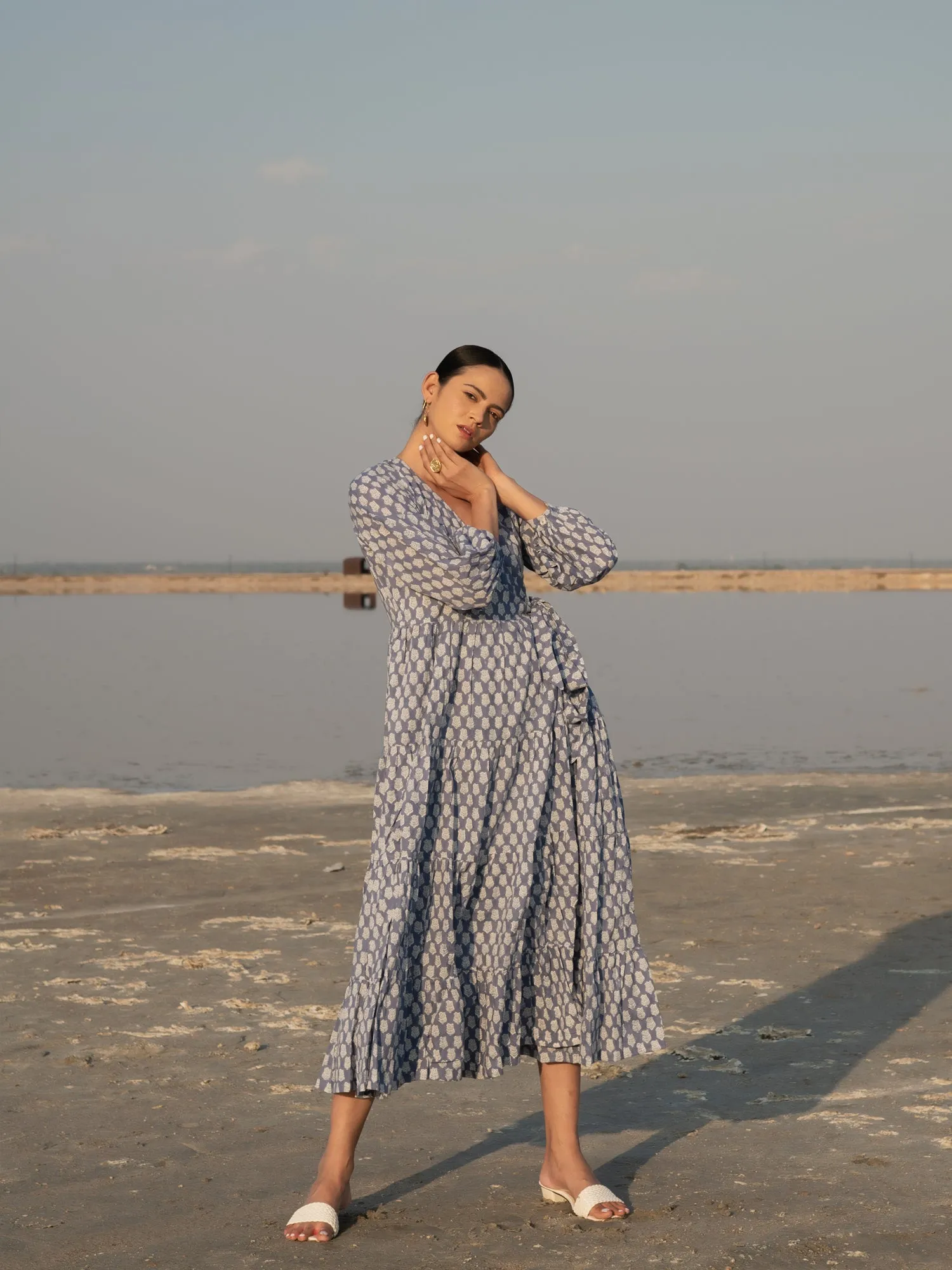 Blue Lotus Tier Wrap Dress - Blue Cotton Hand Block Printed Wrap Dress