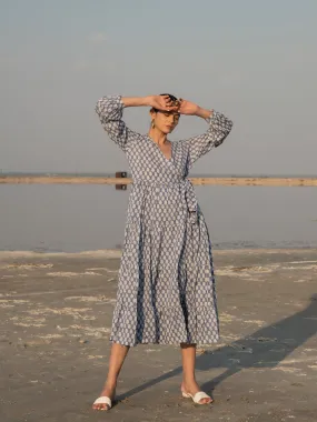Blue Lotus Tier Wrap Dress - Blue Cotton Hand Block Printed Wrap Dress
