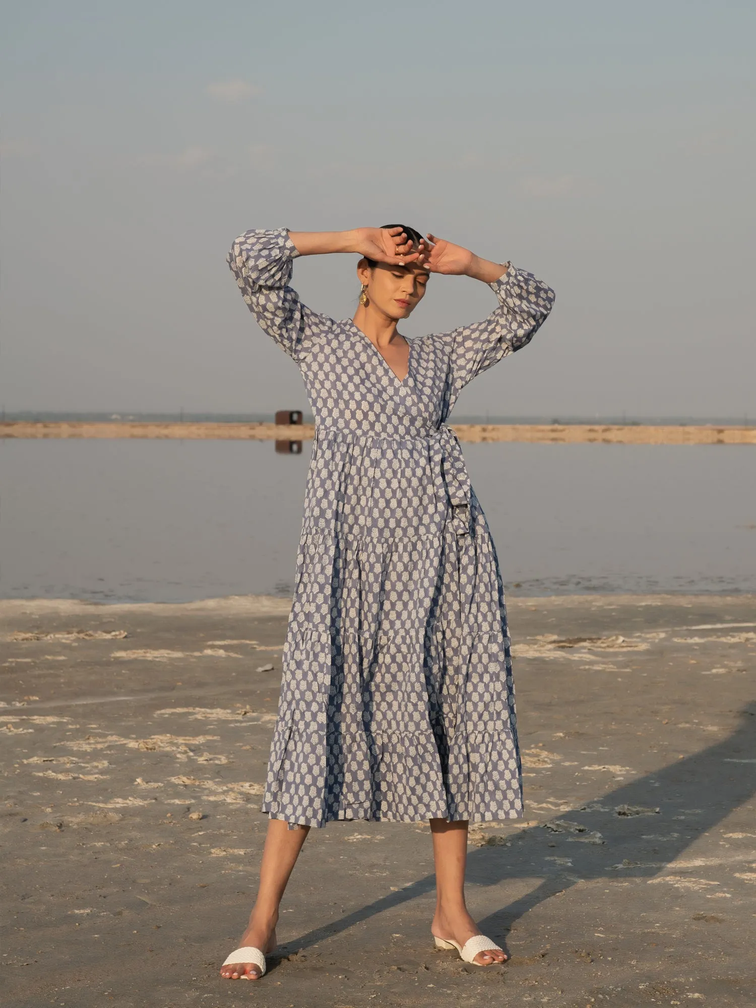 Blue Lotus Tier Wrap Dress - Blue Cotton Hand Block Printed Wrap Dress