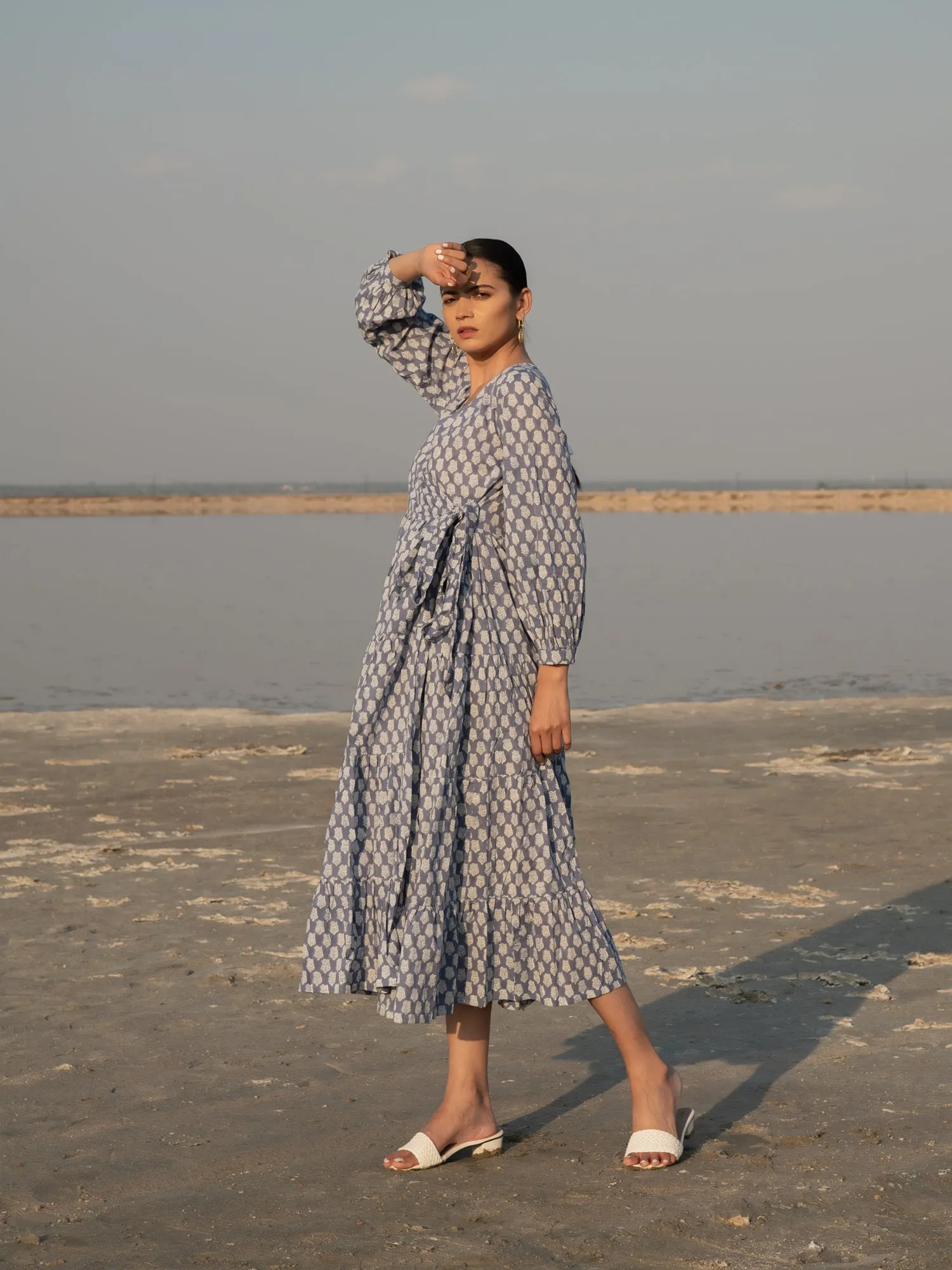 Blue Lotus Tier Wrap Dress - Blue Cotton Hand Block Printed Wrap Dress