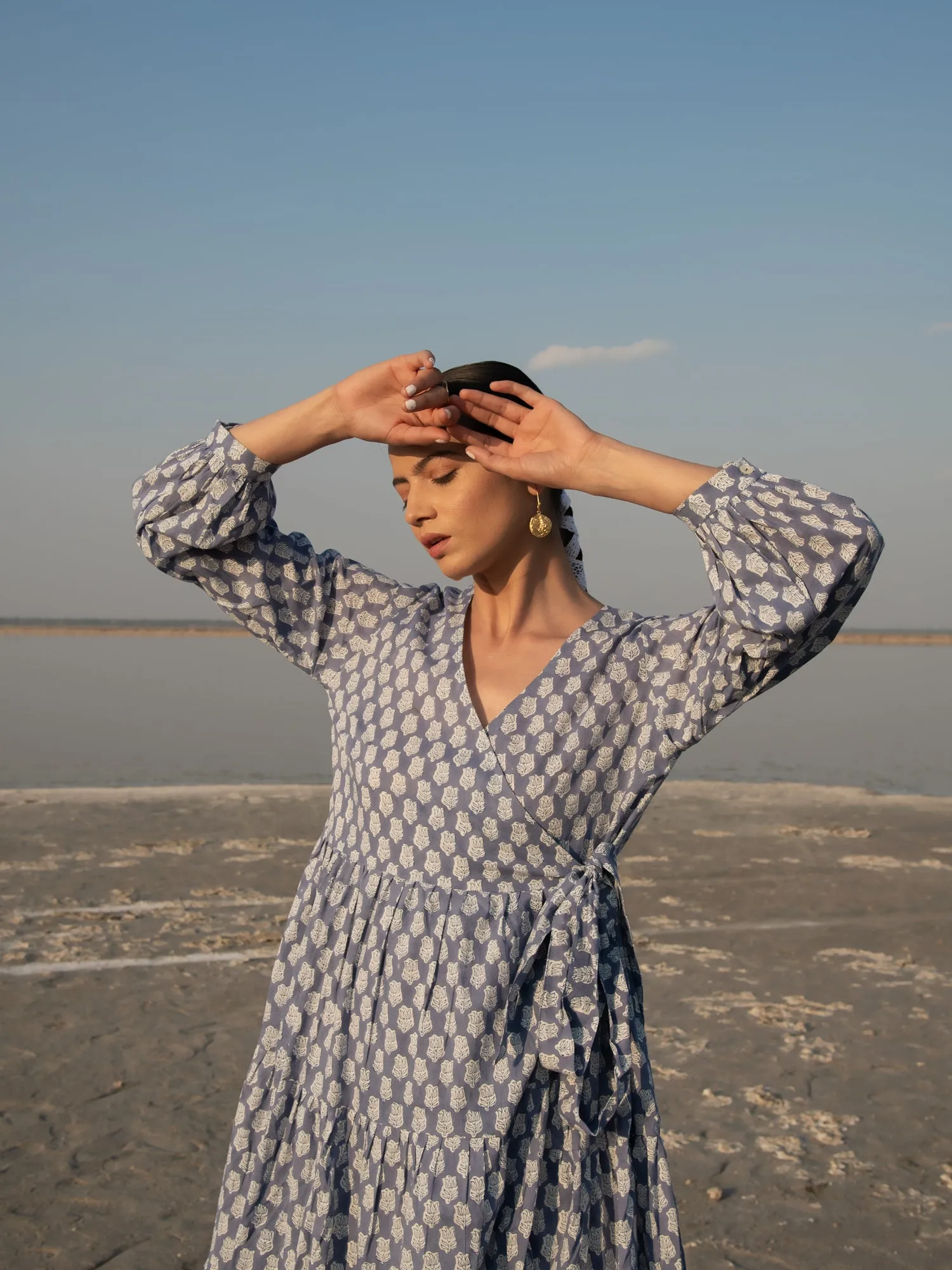 Blue Lotus Tier Wrap Dress - Blue Cotton Hand Block Printed Wrap Dress