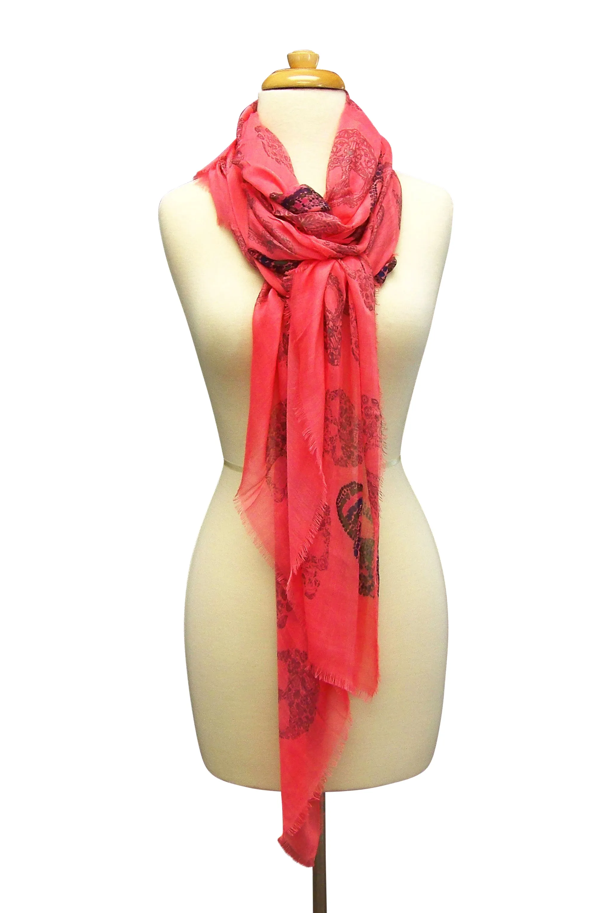 Blue Pacific Frida Cashmere and Silk Scarf with Sugar Skulls in Coral