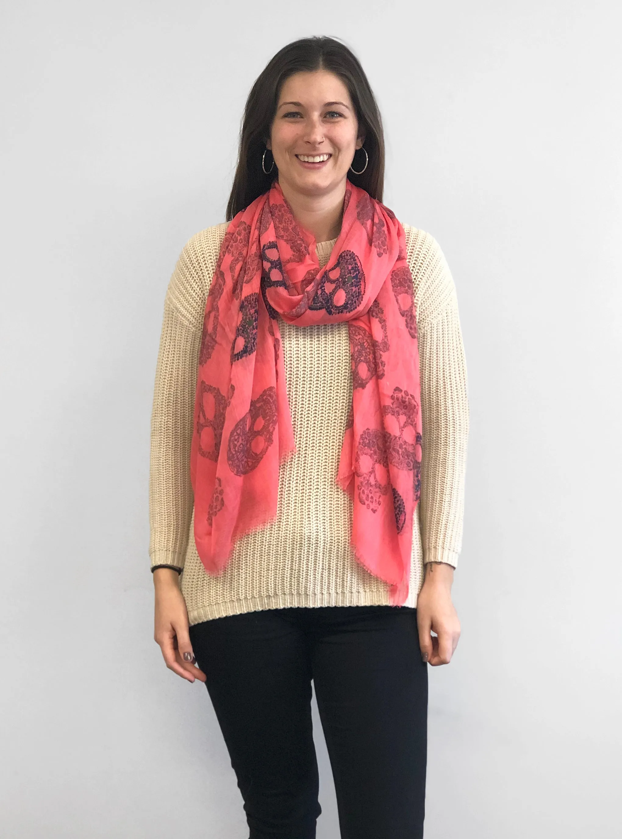 Blue Pacific Frida Cashmere and Silk Scarf with Sugar Skulls in Coral