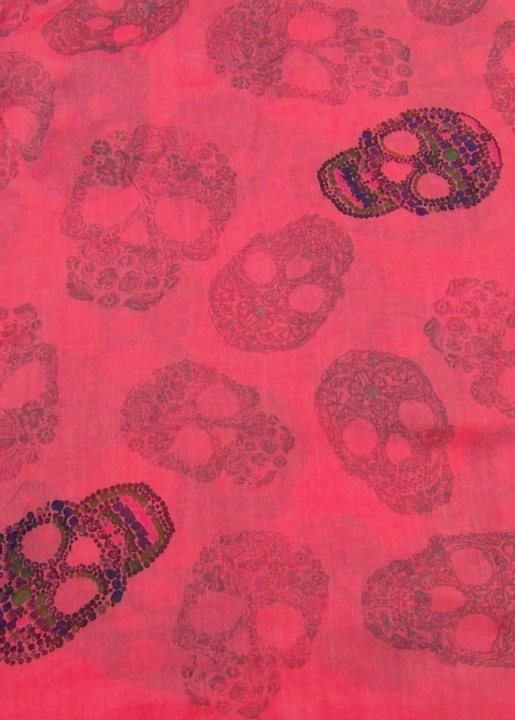 Blue Pacific Frida Cashmere and Silk Scarf with Sugar Skulls in Coral