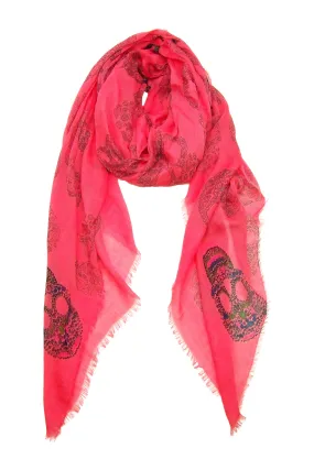 Blue Pacific Frida Cashmere and Silk Scarf with Sugar Skulls in Coral