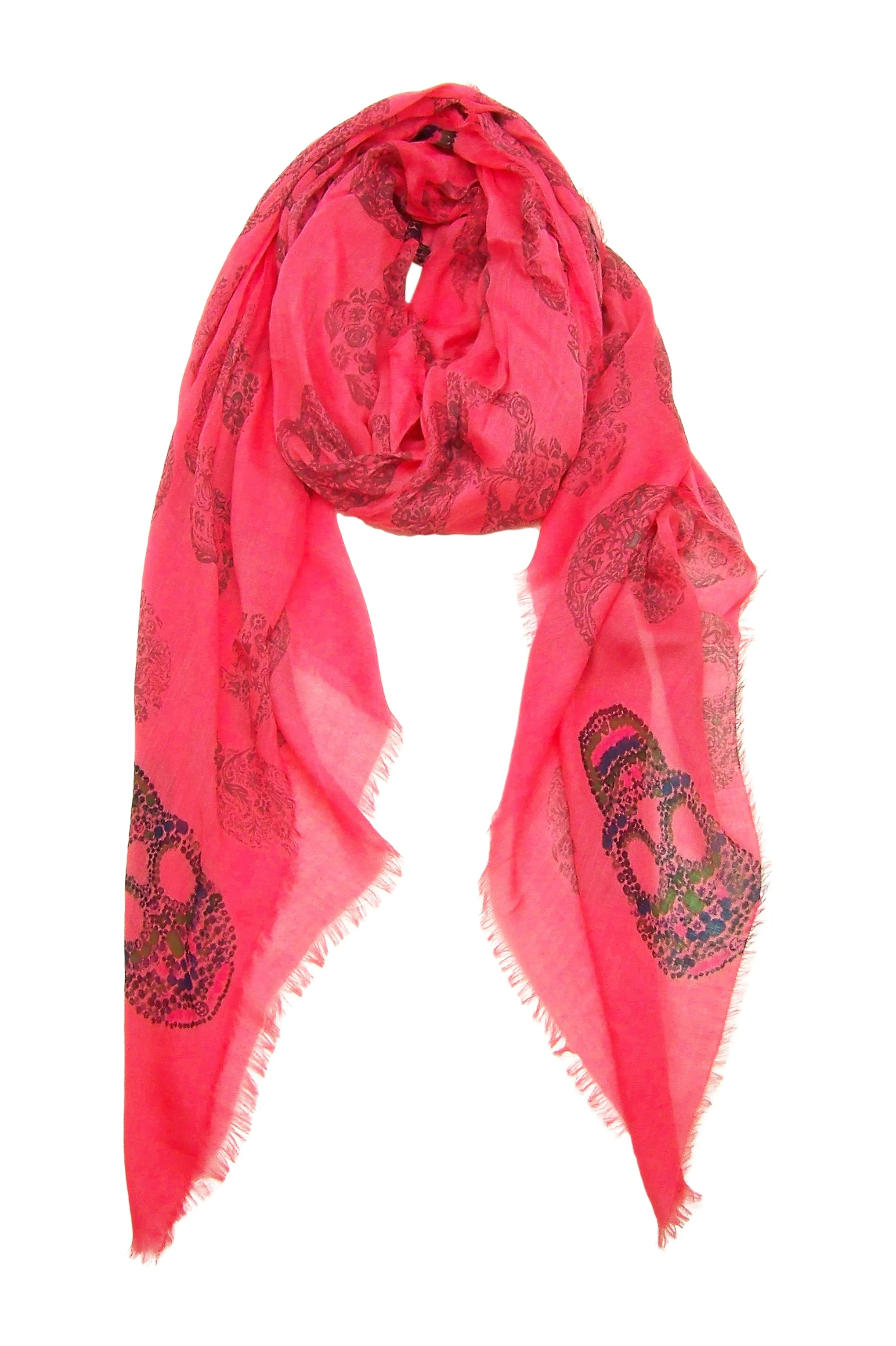 Blue Pacific Frida Cashmere and Silk Scarf with Sugar Skulls in Coral