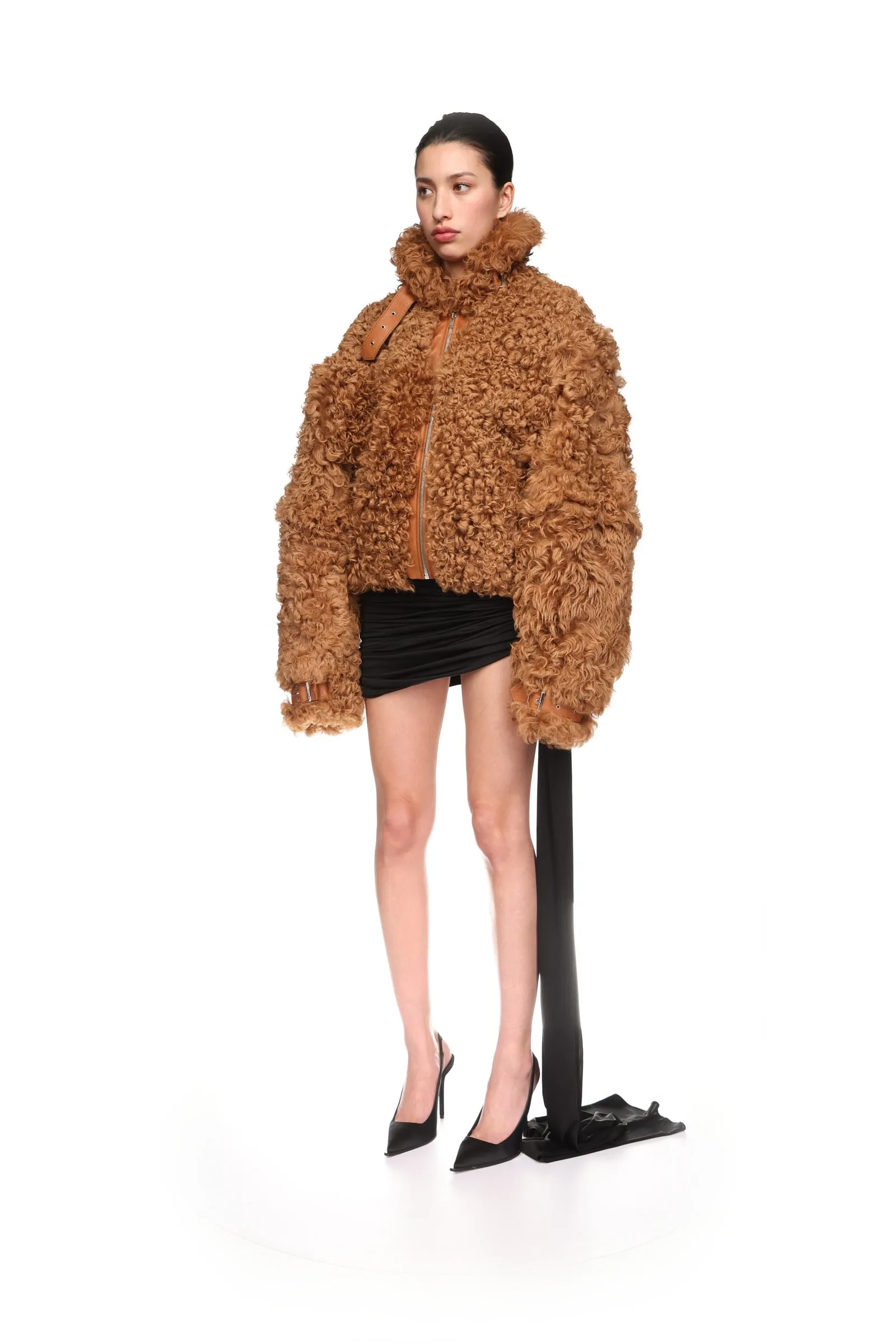 BROWN CURLY SHEARLING JACKET