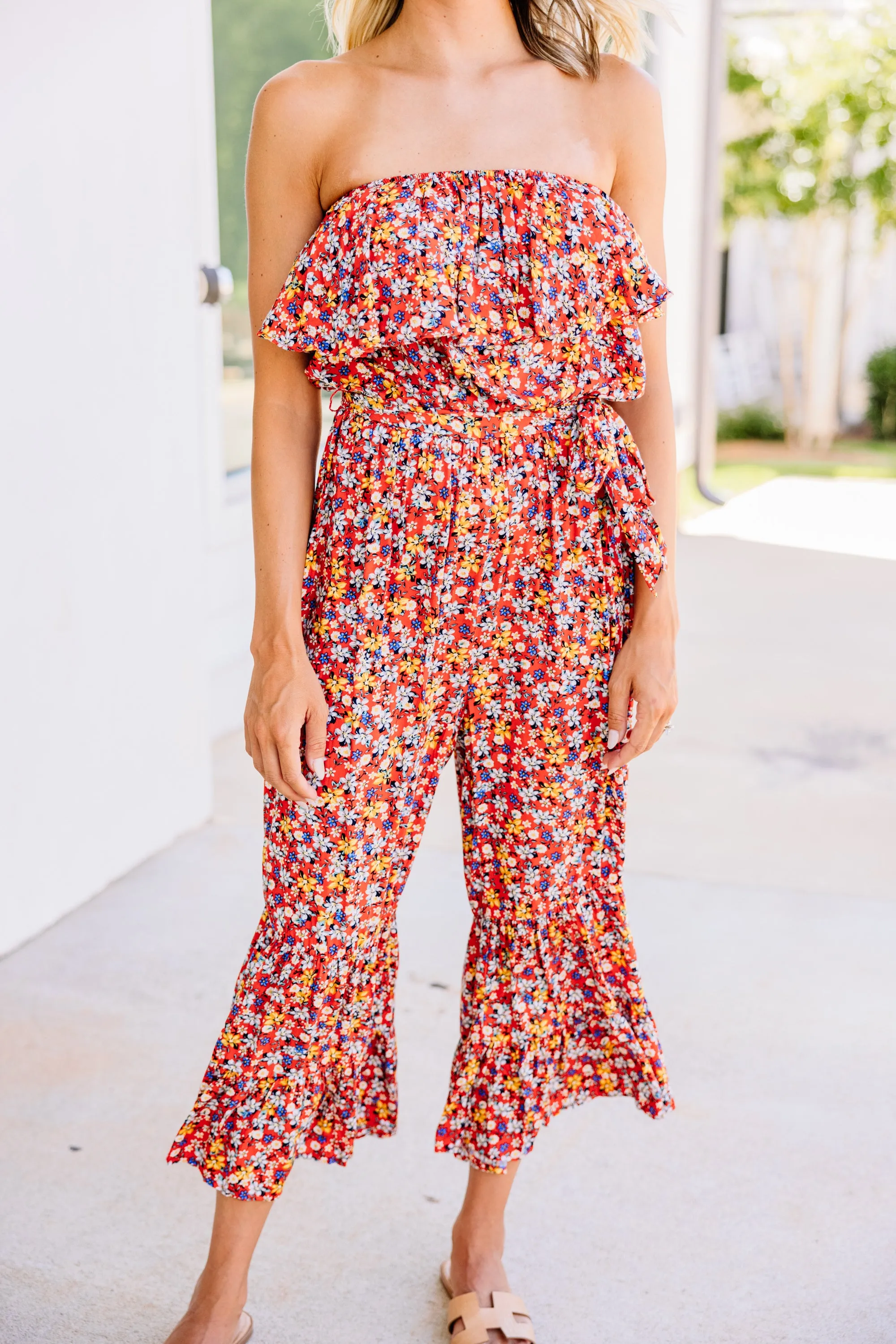 Can't Go Back Red Ditsy Floral Jumpsuit
