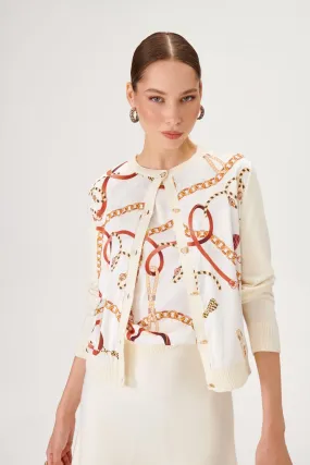 Chain Pattern Fabric Mix Ecru Knitted Cardigan