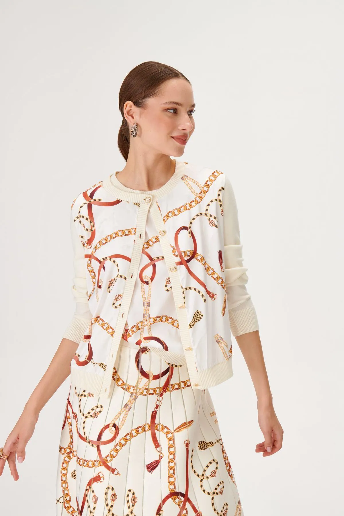 Chain Pattern Fabric Mix Ecru Knitted Cardigan