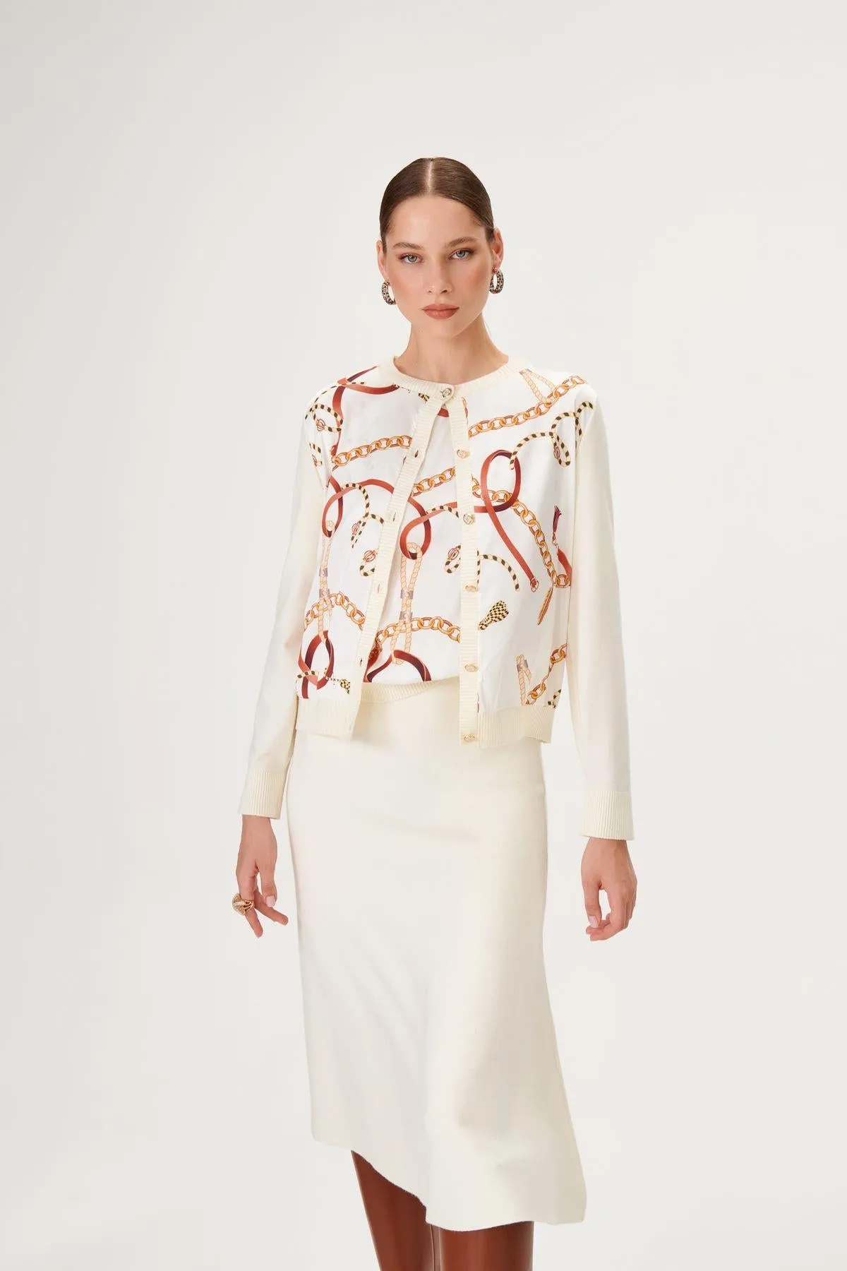 Chain Pattern Fabric Mix Ecru Knitted Cardigan