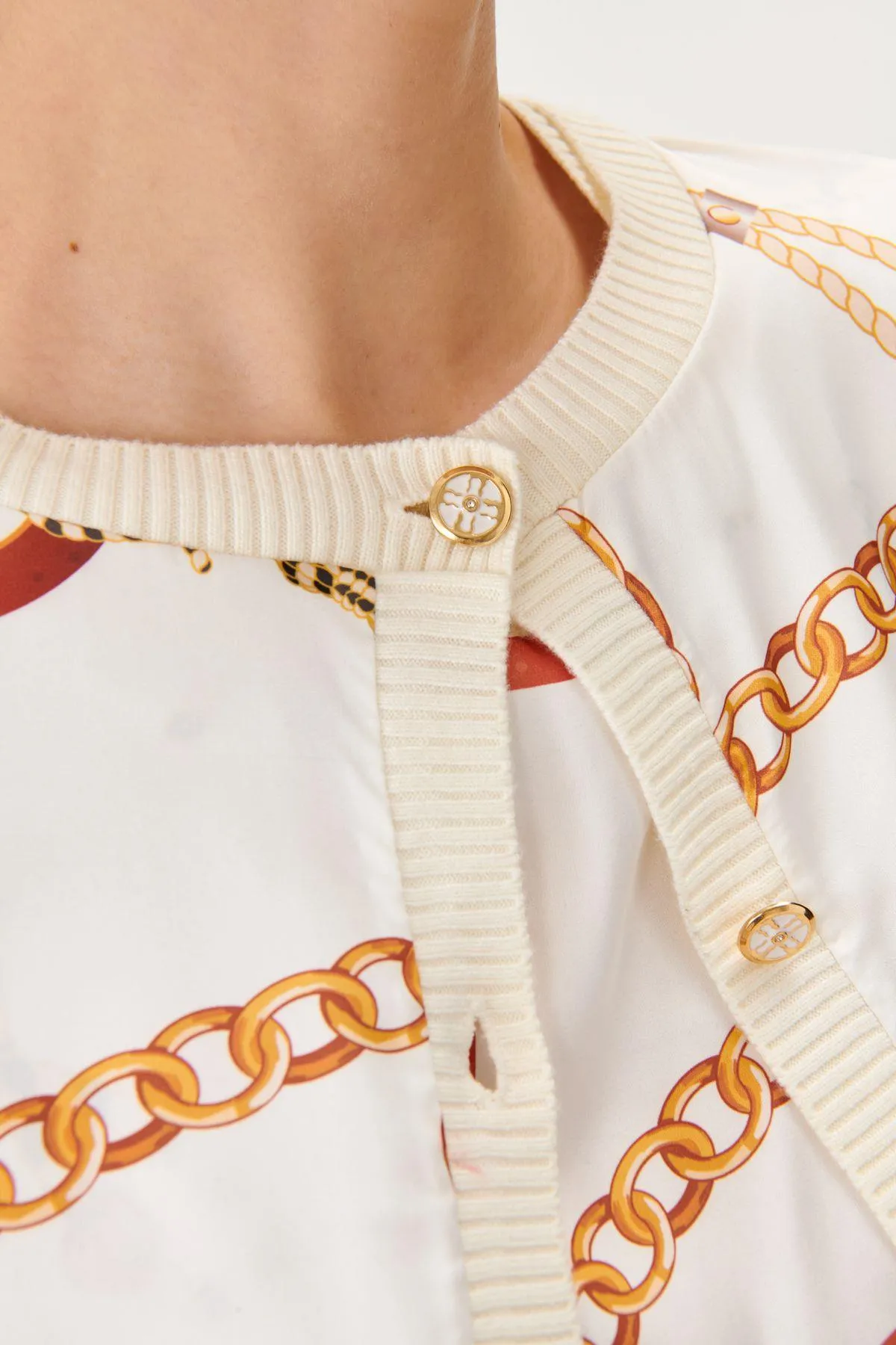 Chain Pattern Fabric Mix Ecru Knitted Cardigan