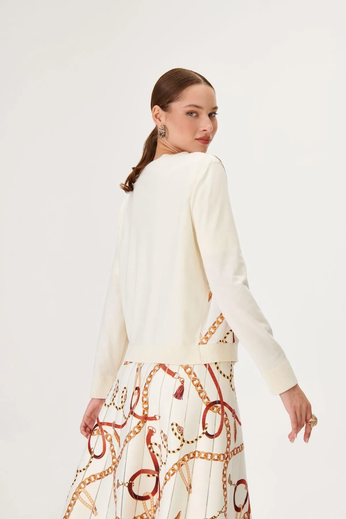 Chain Pattern Fabric Mix Ecru Knitted Cardigan