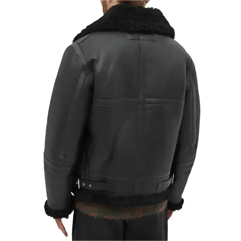 Classic Men's All Black Shearling Jacket - Timeless & Stylish