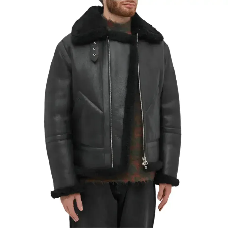 Classic Men's All Black Shearling Jacket - Timeless & Stylish