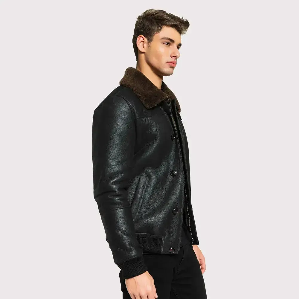 Classic Men's Tobacco Brown Shearling Jacket - College Style