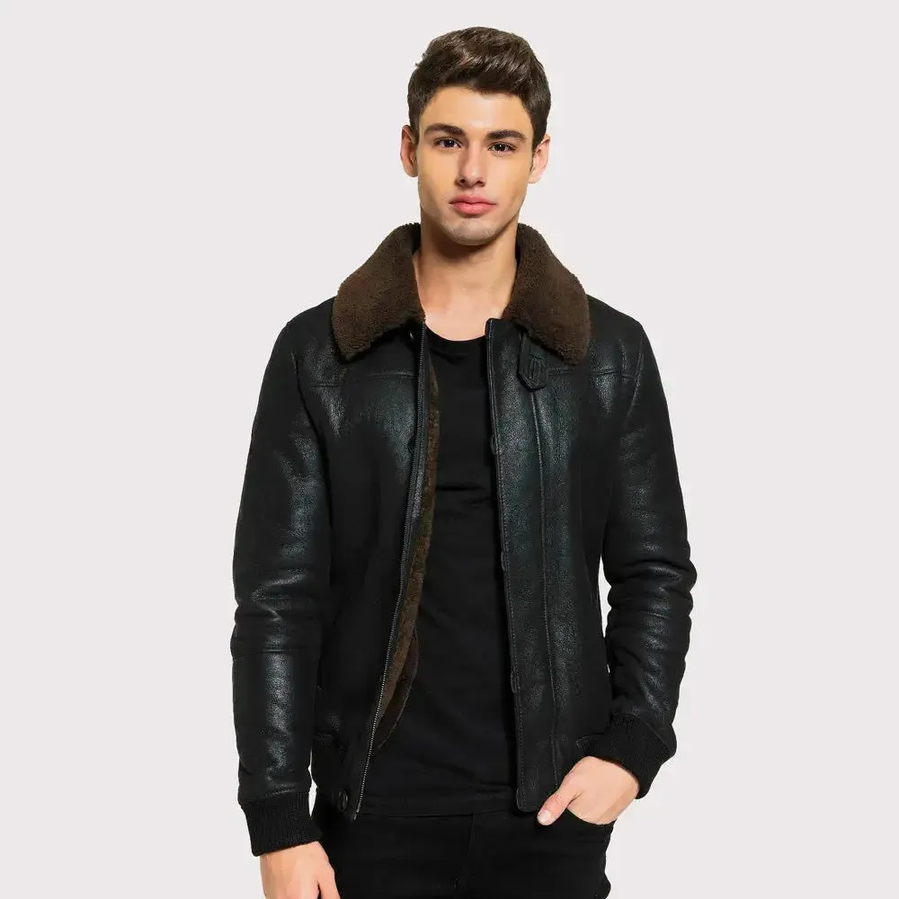 Classic Men's Tobacco Brown Shearling Jacket - College Style