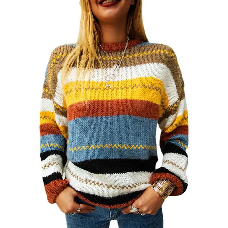 Color Striped Stitching Crew Neck Sweater